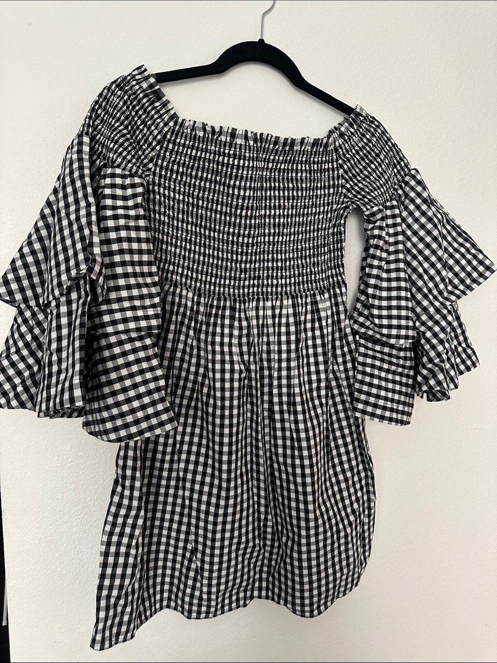 BP Black & White Gingham Off-Shoulder Ruffle Dress